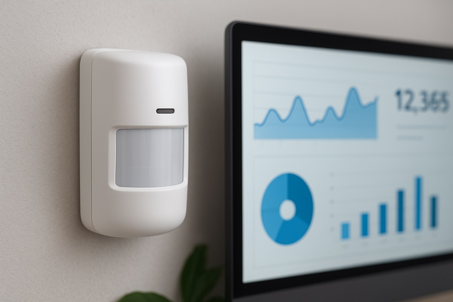 Изображение современного датчика движения, рядом монитор с графиками аналитики